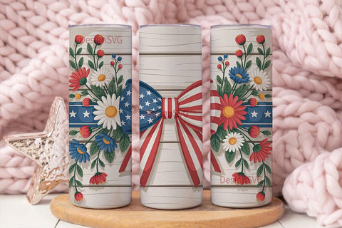 Patriotic Floral Bow 20oz Tumbler Wrap Sublimation DesignSVG 