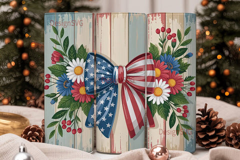Patriotic Floral Bow 20oz Tumbler Wrap Sublimation DesignSVG 
