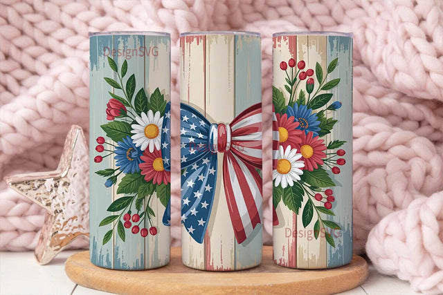Patriotic Floral Bow 20oz Tumbler Wrap Sublimation DesignSVG 
