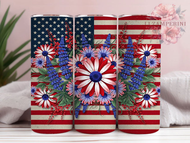 Patriotic Floral Flag 20oz Tumbler, American Flag, Red White Blue, Textured Backdrop, Festive Flowers, Skinny Tumbler, Sublimation PNG Sublimation Li Zamperini 