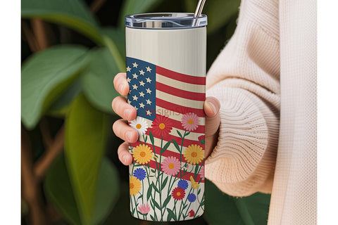 Patriotic Floral Flag 20oz Tumbler Wrap Sublimation DesignSVG 