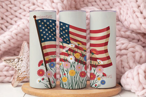 Patriotic Floral Flag 20oz Tumbler Wrap Sublimation DesignSVG 