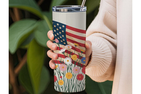 Patriotic Floral Flag 20oz Tumbler Wrap Sublimation DesignSVG 