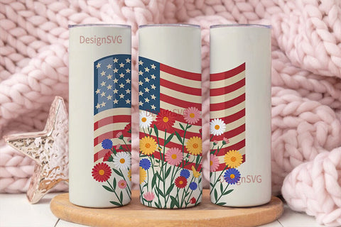Patriotic Floral Flag 20oz Tumbler Wrap Sublimation DesignSVG 