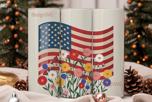 Patriotic Floral Flag 20oz Tumbler Wrap Sublimation DesignSVG 