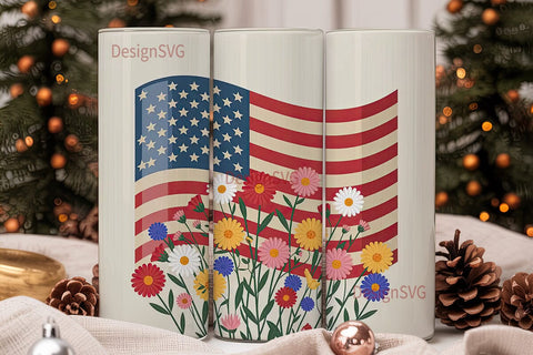 Patriotic Floral Flag 20oz Tumbler Wrap Sublimation DesignSVG 