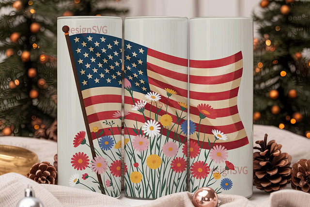 Patriotic Floral Flag 20oz Tumbler Wrap Sublimation DesignSVG 