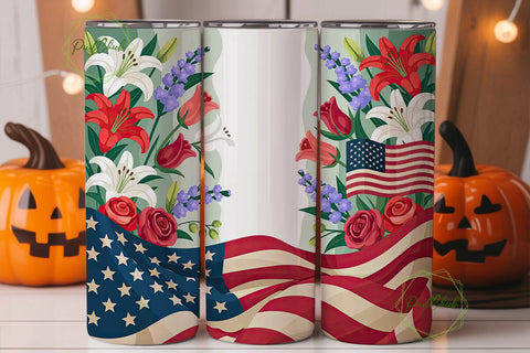 Patriotic Floral Flag 20oz Tumbler Wrap Sublimation PixelChick 