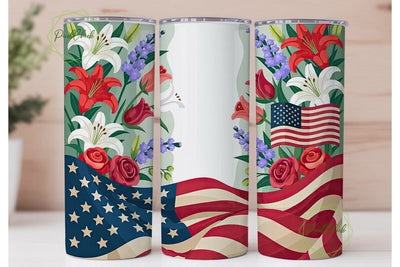 Patriotic Floral Flag 20oz Tumbler Wrap Sublimation PixelChick 