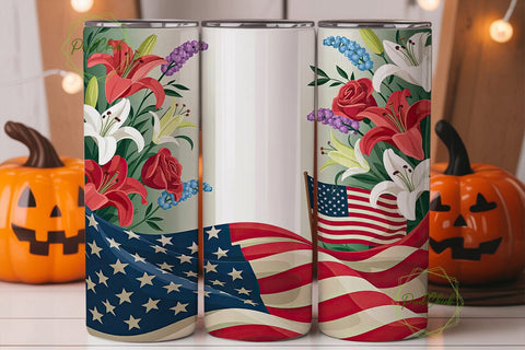Patriotic Floral Flag 20oz Tumbler Wrap Sublimation PixelChick 