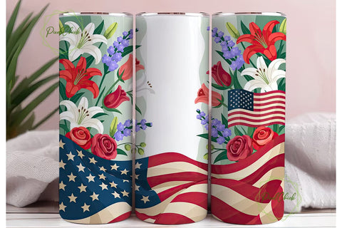 Patriotic Floral Flag 20oz Tumbler Wrap Sublimation PixelChick 
