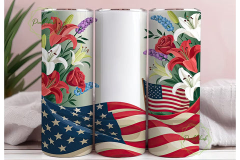 Patriotic Floral Flag 20oz Tumbler Wrap Sublimation PixelChick 