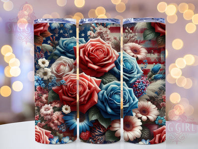 Patriotic Floral Flag Rose 20oz Tumbler, American Flag, Roses Tumbler, 20oz Wrap, Sublimation Design, USA Pride, PNG File Sublimation SvggirlplusArt 