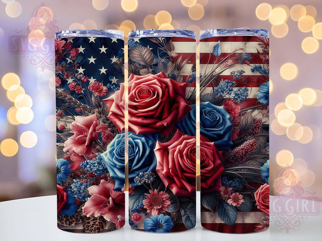 Patriotic Floral Flag Rose 20oz Tumbler, American Flag, Roses Tumbler, 20oz Wrap, Sublimation Design, USA Pride, PNG File Sublimation SvggirlplusArt 
