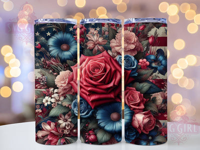 Patriotic Floral Flag Rose 20oz Tumbler, American Flag, Roses Tumbler, 20oz Wrap, Sublimation Design, USA Pride, PNG File Sublimation SvggirlplusArt 