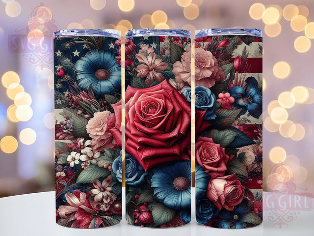 Patriotic Floral Flag Rose 20oz Tumbler, American Flag, Roses Tumbler, 20oz Wrap, Sublimation Design, USA Pride, PNG File Sublimation SvggirlplusArt 