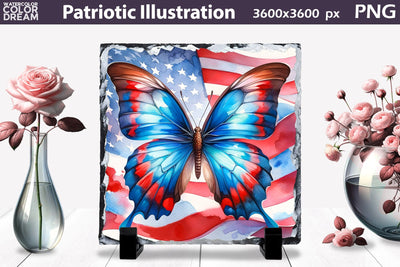 Patriotic Flowers Illustration | Slate Sublimation Design | Patriotic Butterfly Illustration Sublimation WatercolorColorDream 