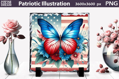 Patriotic Flowers Illustration | Slate Sublimation Design | Patriotic Butterfly Illustration Sublimation WatercolorColorDream 
