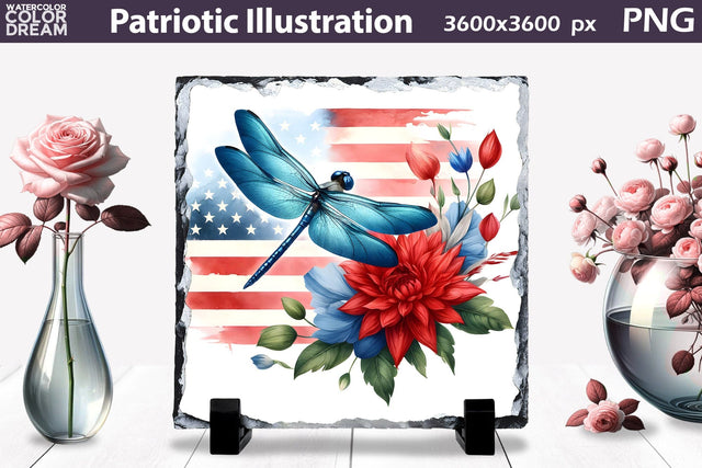 Patriotic Flowers Illustration | Slate Sublimation Design | Patriotic Dragonfly Illustration Sublimation WatercolorColorDream 