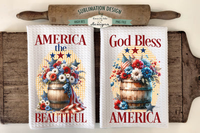 Patriotic Flowers In Barrels Sublimation Designs for Kitchen Towels - July 4th PNG Sublimation Ewe-N-Me Designs 