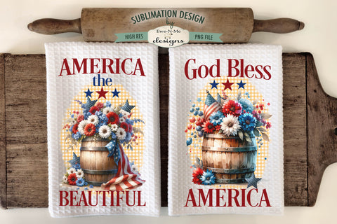 Patriotic Flowers In Barrels Sublimation Designs for Kitchen Towels - July 4th PNG Sublimation Ewe-N-Me Designs 