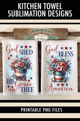 Patriotic Flowers In Buckets Sublimation Designs for Kitchen Towels - July 4th PNG Sublimation Ewe-N-Me Designs 