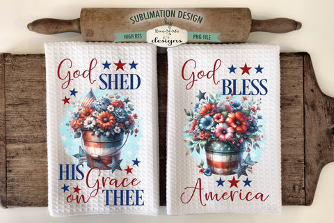 Patriotic Flowers In Buckets Sublimation Designs for Kitchen Towels - July 4th PNG Sublimation Ewe-N-Me Designs 