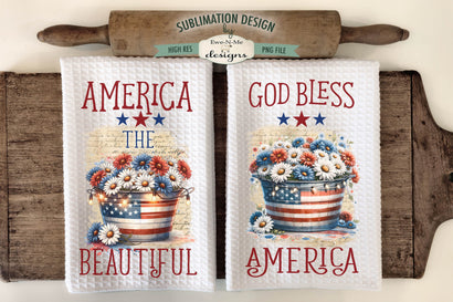 Patriotic Flowers in Wash Tub with Fairy Lights - Sublimation Dish Towel Designs Sublimation Ewe-N-Me Designs 