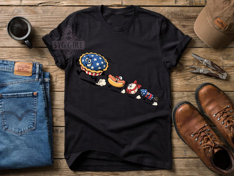 Patriotic Food Comic T-Shirt PNG, Retro Comic, American Pie, Hot Dog Hat, Sublimation PNG, Baseball Character, Firework Rocket Sublimation SvggirlplusArt 