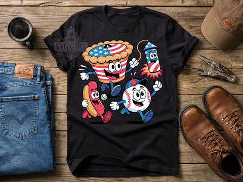 Patriotic Food Comic T-Shirt PNG, Retro Comic, American Pie, Hot Dog Hat, Sublimation PNG, Baseball Character, Firework Rocket Sublimation SvggirlplusArt 