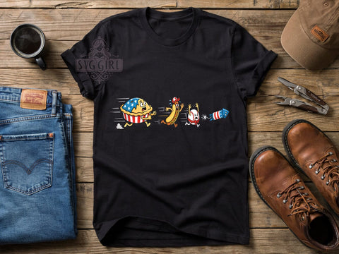 Patriotic Food Comic T-Shirt PNG, Retro Comic, American Pie, Hot Dog Hat, Sublimation PNG, Baseball Character, Firework Rocket Sublimation SvggirlplusArt 