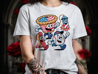 Patriotic Food Comic T-Shirt PNG, Retro Comic, American Pie, Hot Dog Hat, Sublimation PNG, Baseball Character, Firework Rocket Sublimation SvggirlplusArt 