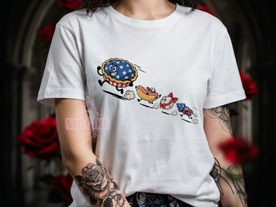 Patriotic Food Comic T-Shirt PNG, Retro Comic, American Pie, Hot Dog Hat, Sublimation PNG, Baseball Character, Firework Rocket Sublimation SvggirlplusArt 