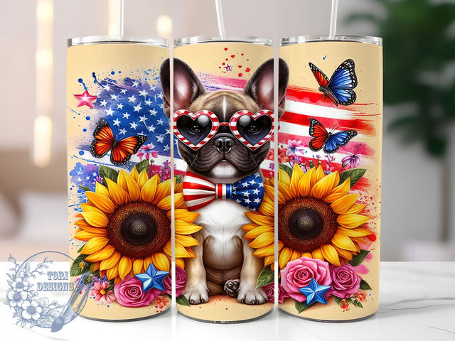 Patriotic Frenchie 4th of July Tumbler, Frenchie Dog Tumbler, Patriotic Dog Wrap, 20oz Sublimation Design, American Flag French Bulldog, Independence Day Tumbler, Cute Puppy Gift Sublimation ToriDesigns 