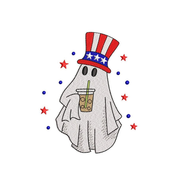 Patriotic Ghost with Iced Coffee Embroidery Design, Independence Day, 4th of July Embroidery Design, 3 sizes, Instant Download Embroidery/Applique DESIGNS Nino Nadaraia 
