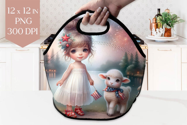 Patriotic Girl and Lamb Lunch Bag Sublimation PNG Sublimation BijouBay 