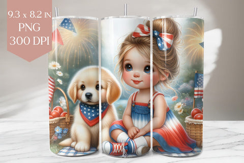 Patriotic Girl and Puppy Tumbler Wrap PNG Sublimation BijouBay 