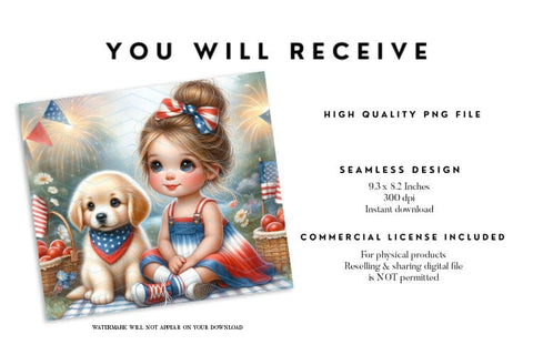 Patriotic Girl and Puppy Tumbler Wrap PNG Sublimation BijouBay 