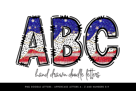Patriotic Glitter Alphabet PNG, USA Doodle Letters Clipart Sublimation BijouBay 
