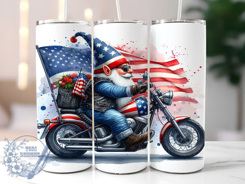 Patriotic Gnome Biker 20oz Skinny Tumbler, 4th of July Tumbler Png, Straight & Tapered Tumbler Wrap, Instant Digital Download Sublimation ToriDesigns 