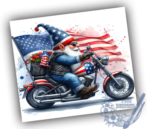 Patriotic Gnome Biker 20oz Skinny Tumbler, 4th of July Tumbler Png, Straight & Tapered Tumbler Wrap, Instant Digital Download Sublimation ToriDesigns 