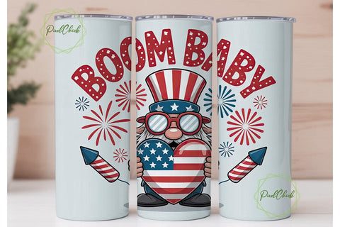 Patriotic Gnome & Fireworks 20oz Tumbler Sublimation PixelChick 