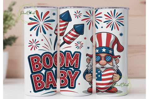 Patriotic Gnome & Fireworks 20oz Tumbler Sublimation PixelChick 