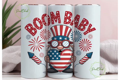 Patriotic Gnome & Fireworks 20oz Tumbler Sublimation PixelChick 