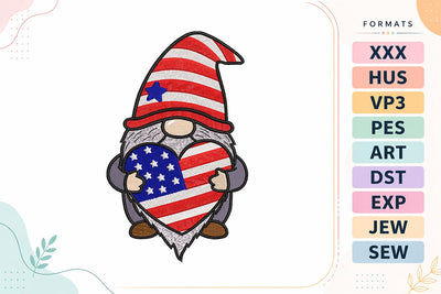Patriotic Gnome Heart Embroidery Design - USA Flag Gnome Embroidery/Applique DESIGNS sg embroidery 