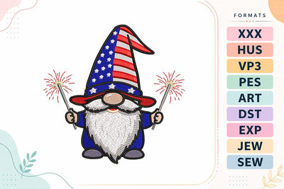Patriotic Gnome with Sparklers Embroidery Design - 4th of July USA Gnome Embroidery/Applique DESIGNS sg embroidery 