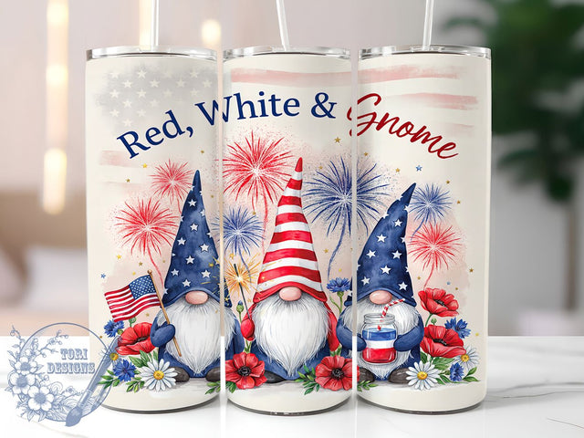 Patriotic Gnomes July 4th 20oz Tumbler, Red White Blue, Watercolor Gnome, Fourth of July, Cute Gnome, Skinny Tumbler, Sublimation PNG Sublimation ToriDesigns 