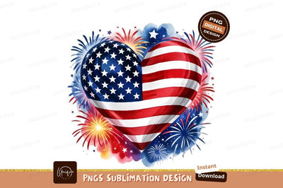 Patriotic Heart With American Flag Fireworks Sublimation Designangry 