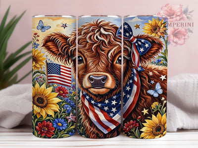 Patriotic Highland Calf Americana 20oz Tumbler, Patriotic Calf Motif, Highland Americana Design, Rustic Theme, Festive Accent, Country Charm, Sublimation Wrap, 20oz Tumbler Sublimation Li Zamperini 