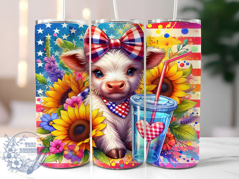 Patriotic Highland Cow 20oz Skinny Tumbler, 4th of July Tumbler Png, Straight & Tapered Tumbler Wrap, Instant Digital Download Sublimation ToriDesigns 